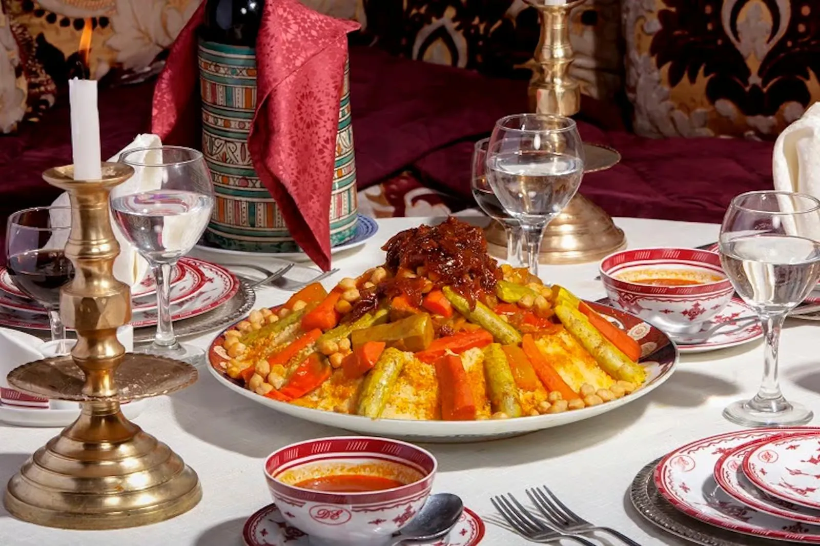 Traditional Moroccan dinner spread at Dar Essalam